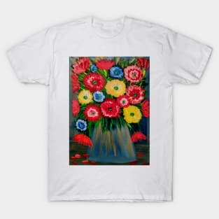 Some beautiful abstract flowers set against a lovely blueand gold vase . T-Shirt